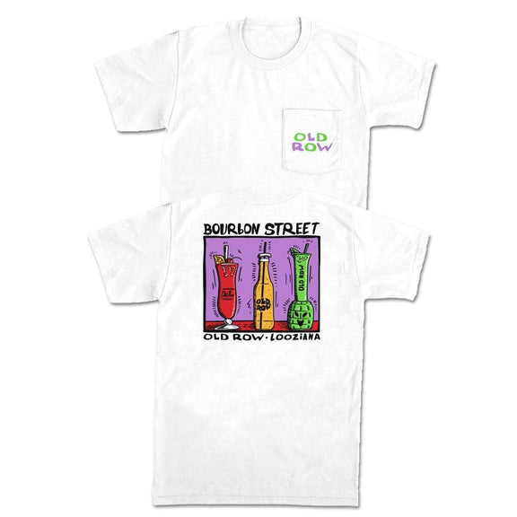 Bourbon Street Drinks Pocket Tee-T-Shirts-The Boozy Collection-White-S-Old Row